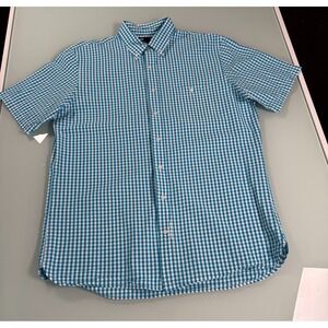 LANDS' END Shirt Men's Size L/T Blue Gingham Check Seersucker Short Sleeve